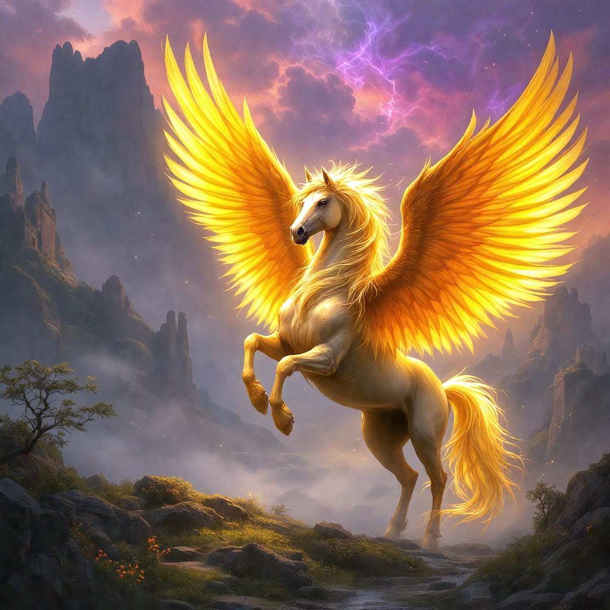The image features a majestic golden horse with a majestic pose and a colorful background. The horse is standing on a mountaintop, with a large, yellow, and flaming tail. The background is a dark, rocky landscape, with a rocky hill in the background. The horse is standing on a rock, with its wings spread out in the air. The background is a dark, rocky landscape, with a rocky hill in the background. The horse is standing on a rock, with its wings spread out in the air.